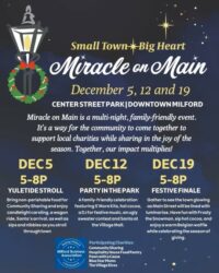 Flyer detailing 'Miracle on Main' holiday events in Milford.