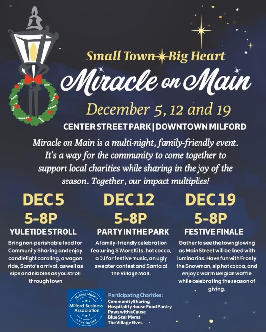 Flyer detailing &#039;Miracle on Main&#039; holiday events in Milford.